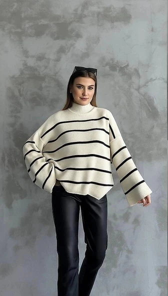 Çizgili ispanyol kol triko boğazlı kazak beyaz elf - Resim 2