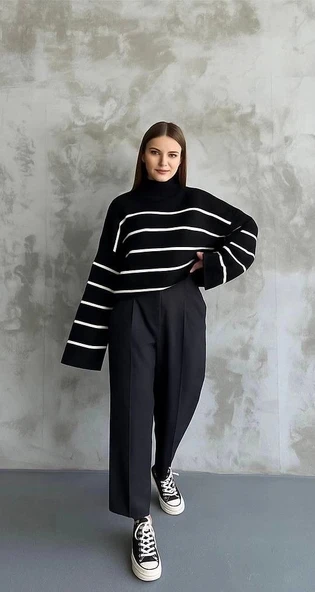 Çizgili ispanyol kol triko boğazlı kazak siyah elf - Resim 3