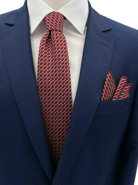 Brianze 7 Cm Kırmızı Siyah Beyaz Desenli Kravat Mendil Set ürün görseli 1