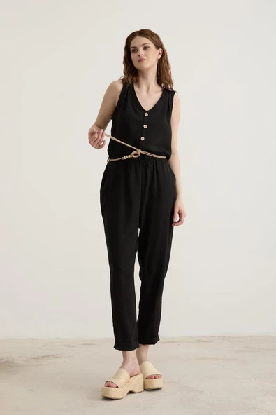 Vos Versa Kadın Kemer Detaylı Uzun Keten Siyah Tulum VVK2772 - Resim 10