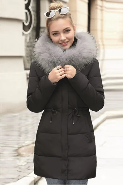 Kışlık Orta Boy Kürklü Kapüşonlu Su Geçirmez Kadın Şişme Mont ürün görseli