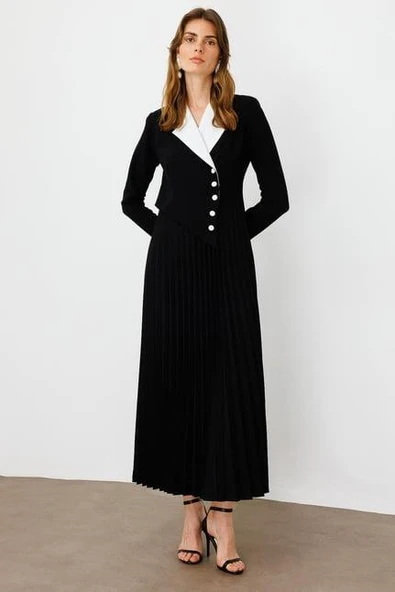 60064 MODAİLGİ YAKASI EKRU KOMBİNLİ PLİSOLEY ELBİSE - Resim 2