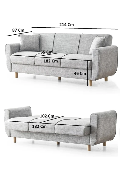 Flavia 3'lü Kanepe Salon, Oturma Odası Yataklı Bazalı Gri - Resim 8