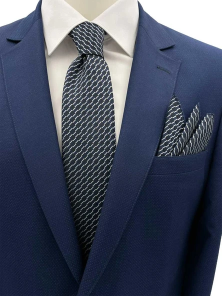 Brianze 7 Cm Lacivert Beyaz Desenli Kravat Mendil Set ürün görseli 1