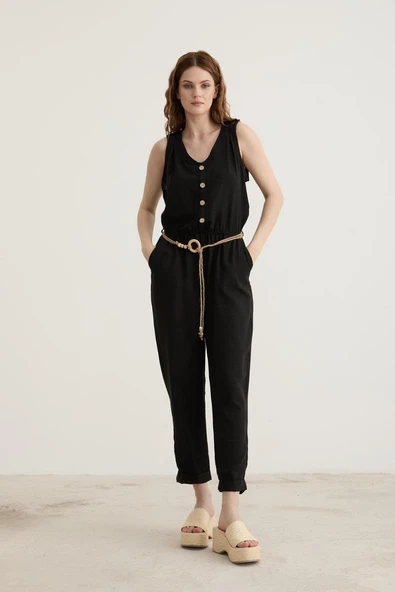 Vos Versa Kadın Kemer Detaylı Uzun Keten Siyah Tulum VVK2772 - Resim 9