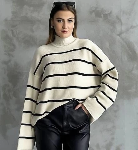 Çizgili ispanyol kol triko boğazlı kazak beyaz elf - Resim 3