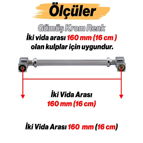 Mobilya Çekmece Mutfak Dolabı Dolap Kapak Kulpları Kulb Kulpu Metal Gümüş Kulp 160 mm -16 cm - Resim 3