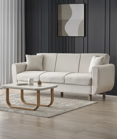 Flavia 3'lü Kanepe Salon, Oturma Odası Yataklı Bazalı Krem ürün görseli