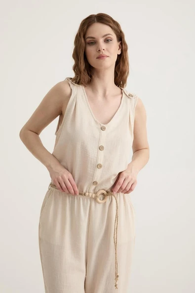 Vos Versa Kadın Kemer Detaylı Uzun Keten Taş Tulum VVK27072 - Resim 4