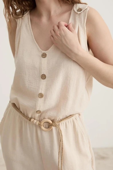 Vos Versa Kadın Kemer Detaylı Uzun Keten Taş Tulum VVK27072 - Resim 10