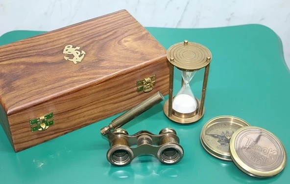 Ahşap Kutulu Pirinç Pusula,kumsaati,dürbün Seti 15682 ürün görseli 1