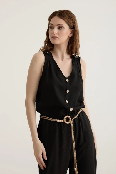 Vos Versa Kadın Kemer Detaylı Uzun Keten Siyah Tulum VVK2772 - Resim 8