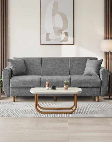 Flavia 3'lü Kanepe Salon, Oturma Odası Yataklı Bazalı Gri - Resim 2