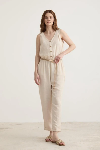 Vos Versa Kadın Kemer Detaylı Uzun Keten Taş Tulum VVK27072 ürün görseli