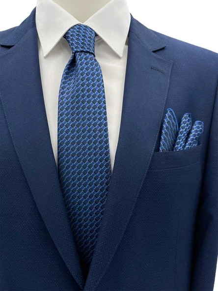 Brianze 7 Cm Mavi Siyah Desenli Kravat Mendil Set ürün görseli 1