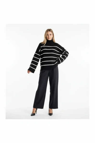 BİÇOMİ Çizgili ispanyol kol triko boğazlı kazak siyah elf - Resim 2