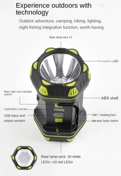 F-262 Yeni Güçlü Çift Taraflı Taşınabilir Spot Ve Işıldak Usb Powerbank Şarjlı Fener - Resim 2