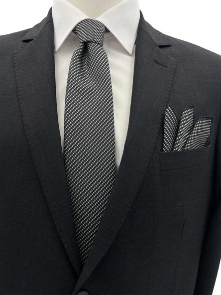 Brianze 7 Cm Siyah Beyaz Desenli Kravat Mendil Set ürün görseli 1