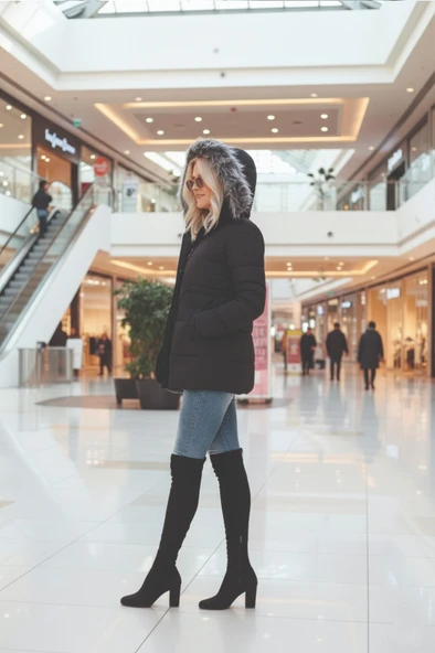 Kışlık Yaka Kürklü Uzun Kadın Şişme Mont - Resim 3