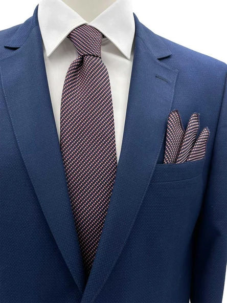 Brianze 7 Cm Kırmızı Beyaz Desenli Kravat Mendil Set ürün görseli