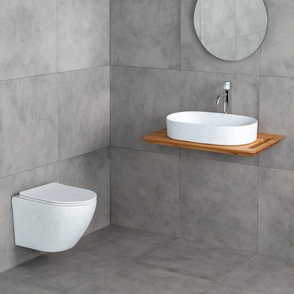 Lena E-W1202M8 Tezgah Üstü Lavabo Mat Beyaz Mermer Desenli - Resim 4