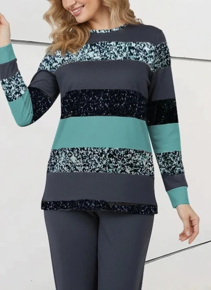 MDB Kadın Uzun Kollu Bisiklet Yaka çizgili Desen Iki Iplik Bluz Ve Pantolon Ikili Takım - Resim 2