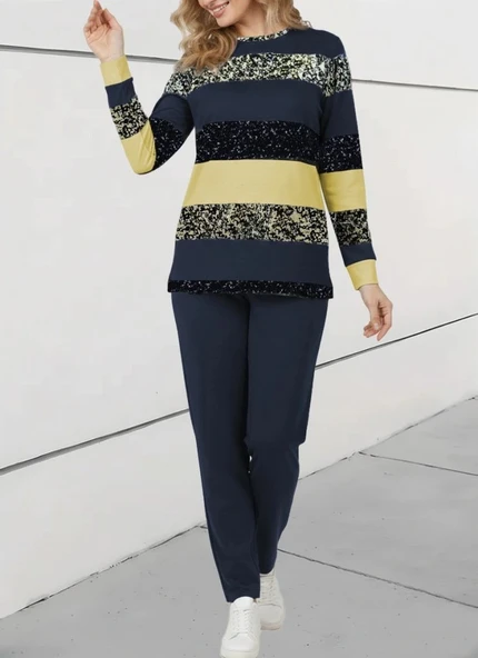 MDB Kadın Uzun Kollu Bisiklet Yaka çizgili Desen Iki Iplik Bluz Ve Pantolon Ikili Takım ürün görseli 1