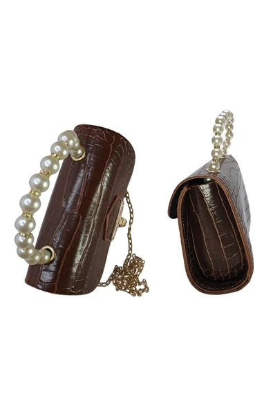 Vos Versa Kadın Gold Zincir Askılı El ve Omuz Çanta Krokodil Desenli - Resim 5