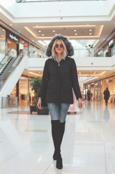 Kışlık Yaka Kürklü Uzun Kadın Şişme Mont - Resim 2