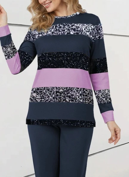 MDB Kadın Uzun Kollu Bisiklet Yaka çizgili Desen Iki Iplik Bluz Ve Pantolon Ikili Takım - Resim 2