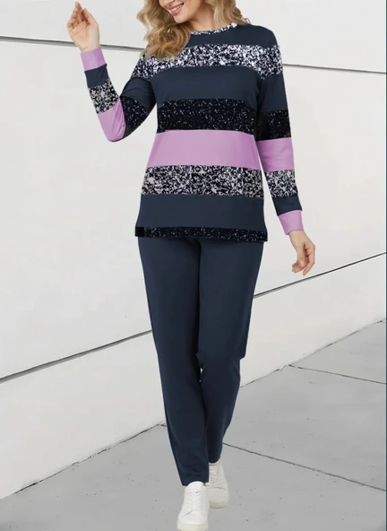 MDB Kadın Uzun Kollu Bisiklet Yaka çizgili Desen Iki Iplik Bluz Ve Pantolon Ikili Takım ürün görseli