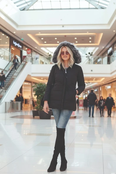 Kışlık Yaka Kürklü Uzun Kadın Şişme Mont - Resim 4