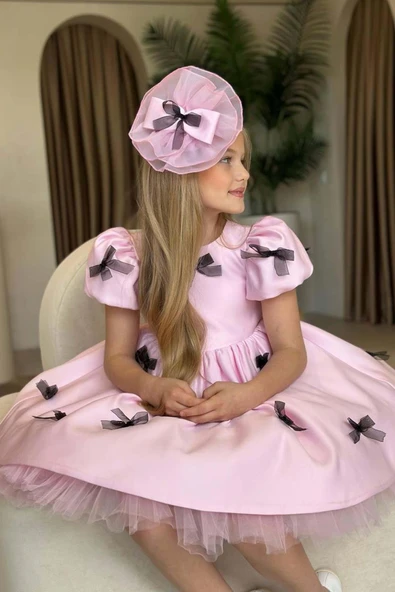 Kız Çocuk Balon Kollu Üzeri Kurdela Detaylı İçi Astarlı Saten Pudra Abiye - Resim 2