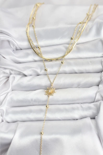 Pirinç Gold Renk Zirkon Taşlı Model Detaylı 3'lü Kombin Y Kadın Kolye - EBJ251115W38433 - Resim 2