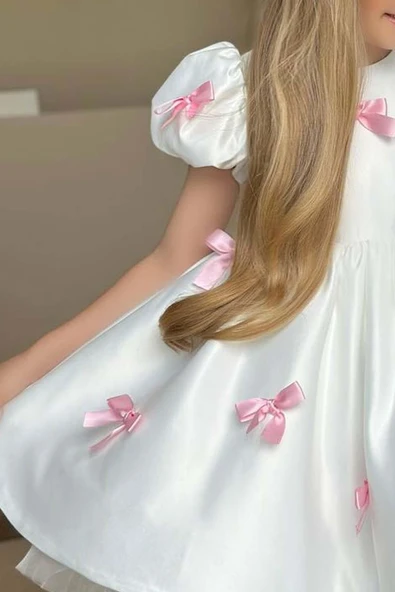 Kız Çocuk Balon Kollu Üzeri Pembe Kurdela Detaylı İçi Astarlı Saten Abiye - Resim 5