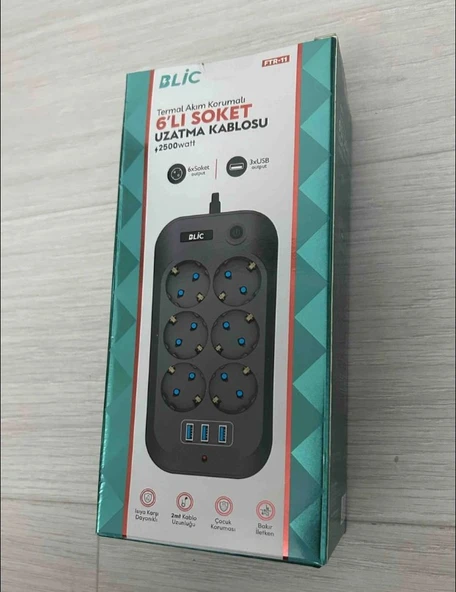 Blic Ftr-11 Termal Akım Korumalı 6 Priz 3 USB Girişli 2 Metre Uzatma Kablolu Priz - Resim 3