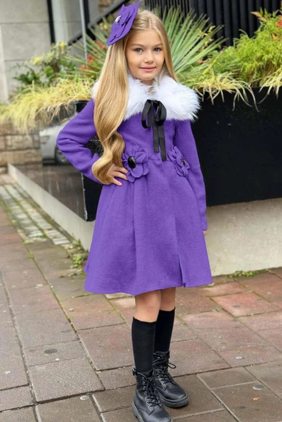 Kız Çocuk Kürk Yakalı Önü Çiçek Ve Elmas Taş Detaylı Mor Kaşe ürün görseli