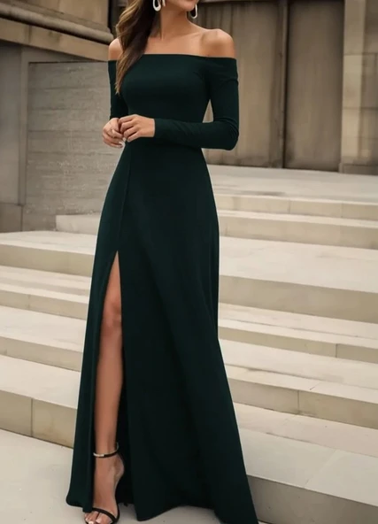 MDB Kadın Uzun Kollu Madonna Yakalı Yırtmaç Detaylı Uzun Ithal Krep Elbise - Resim 4