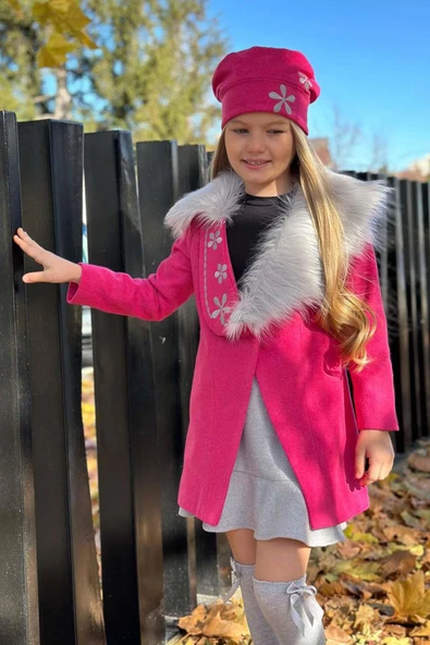 Kız Çocuk Yakası Kürk ve Yonca Detaylı Etekli Fuşya Kaşe - Resim 6