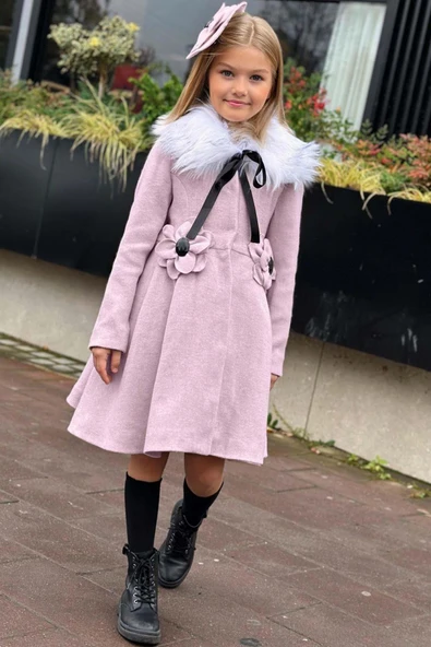 Kız Çocuk Kürk Yakalı Önü Çiçek Ve Elmas Taş Detaylı Pudra Kaşe ürün görseli