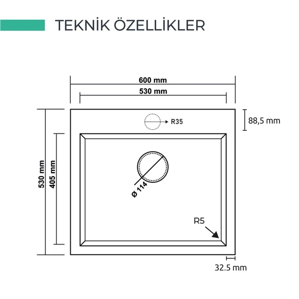RealStone K002 Didyma 60 Tezgah Üstü Granit Eviye Antrasit - Resim 3