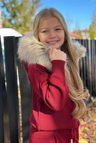 Kız Çocuk Yakası Çıkarılabilir Kürklü Kazak Çift Cepli Triko Bordo Alt Üst Takım - Resim 4