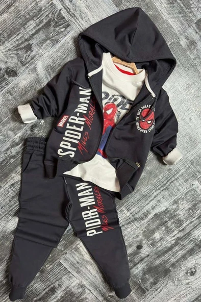 Erkek Çocuk Digital Ağ ve Yazı Baskılı Kapüşonlu Siyah Ceket Eşofman Takım ürün görseli 1