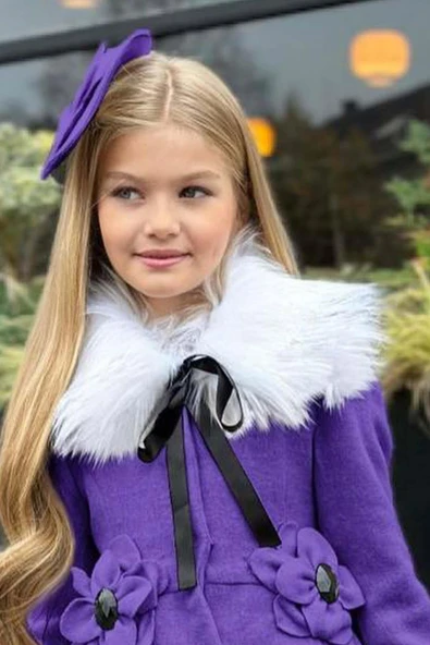 Kız Çocuk Kürk Yakalı Önü Çiçek Ve Elmas Taş Detaylı Mor Kaşe - Resim 6