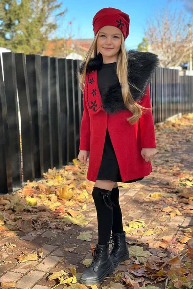 Kız Çocuk Yakası Kürk ve Yonca Detaylı Etekli Kırmızı Kaşe - Resim 2