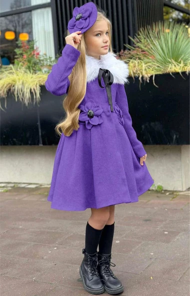 Kız Çocuk Kürk Yakalı Önü Çiçek Ve Elmas Taş Detaylı Mor Kaşe - Resim 2