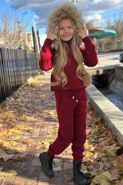 Kız Çocuk Yakası Çıkarılabilir Kürklü Kazak Çift Cepli Triko Bordo Alt Üst Takım - Resim 2