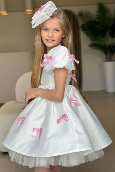 Kız Çocuk Balon Kollu Üzeri Pembe Kurdela Detaylı İçi Astarlı Saten Abiye - Resim 2