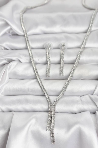 Gümüş Renk Baget Zirkon Taşlı Kadın Kolye Küpe Set - EBJ251115W38367 ürün görseli