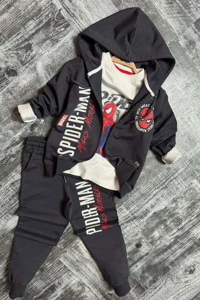 Erkek Çocuk Digital Ağ ve Yazı Baskılı Kapüşonlu Siyah Ceket Eşofman Takım - Resim 6